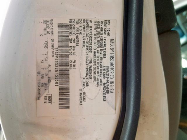 1FAFP55SX2G153501 - 2002 FORD TAURUS SES WHITE photo 10