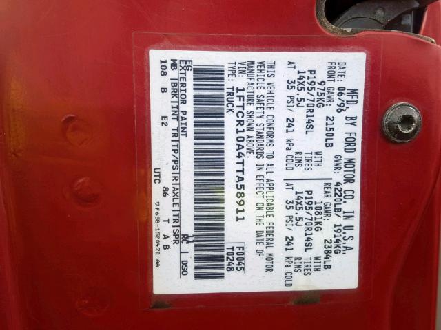 1FTCR10A4TTA58911 - 1996 FORD RANGER RED photo 10