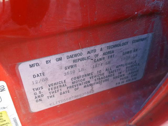 KL1TD56E79B635582 - 2009 CHEVROLET AVEO LS RED photo 10