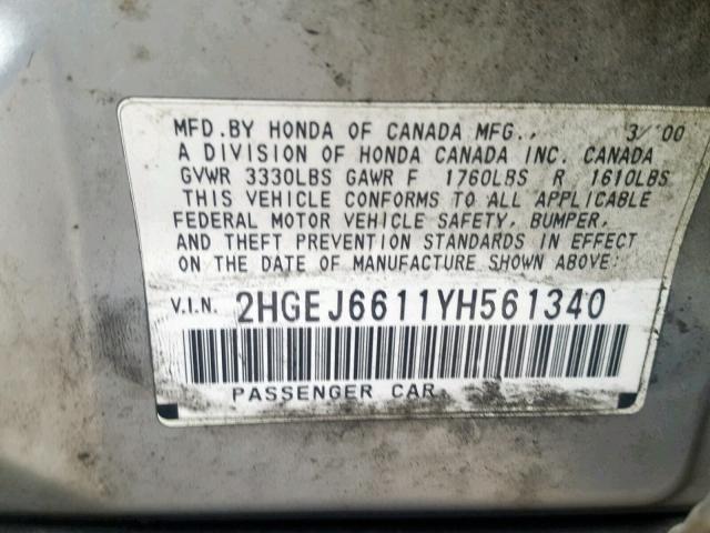 2HGEJ6611YH561340 - 2000 HONDA CIVIC BASE Gümüş foto 10