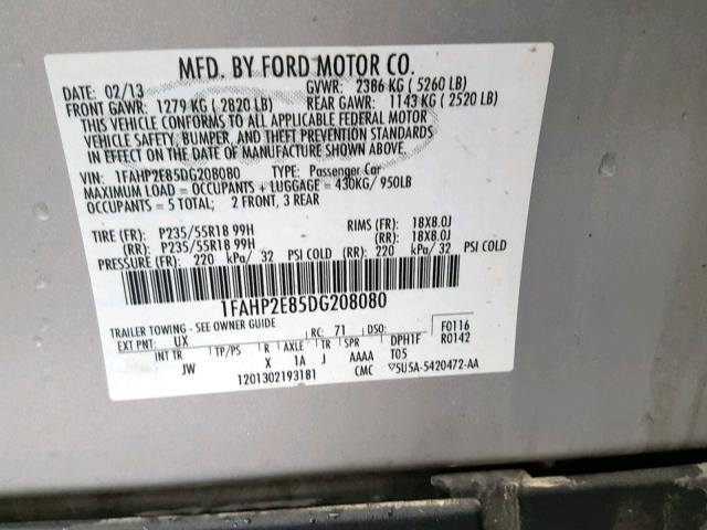 1FAHP2E85DG208080 - 2013 FORD TAURUS SEL SILVER photo 10