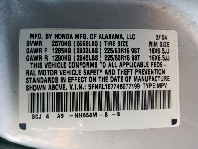 5FNRL18774B077199 - 2004 HONDA ODYSSEY EX SILVER photo 10