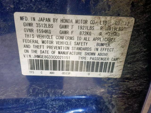 JHMGE8G33CC021151 - 2012 HONDA FIT BLUE photo 10