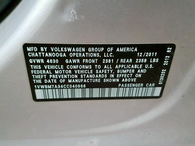 1VWBM7A34CC040886 - 2012 VOLKSWAGEN PASSAT SE SILVER photo 10