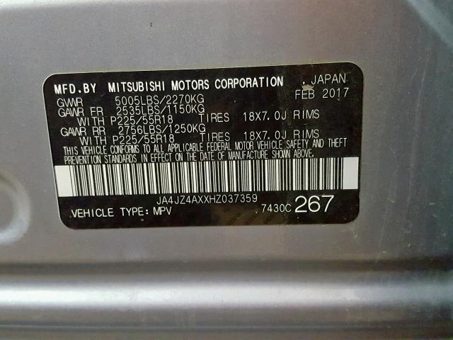 JA4JZ4AXXHZ037359 - 2017 MITSUBISHI OUTLANDER SILVER photo 10