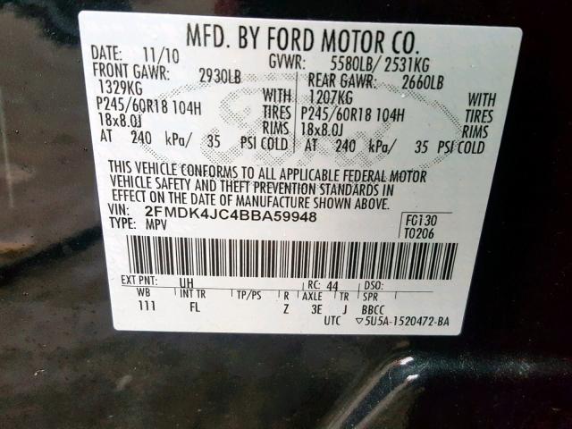 2FMDK4JC4BBA59948 - 2011 FORD EDGE SEL BLACK photo 10