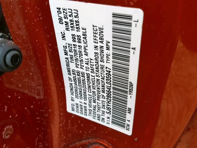 5J6YH28664L035947 - 2004 HONDA ELEMENT EX ORANGE photo 10