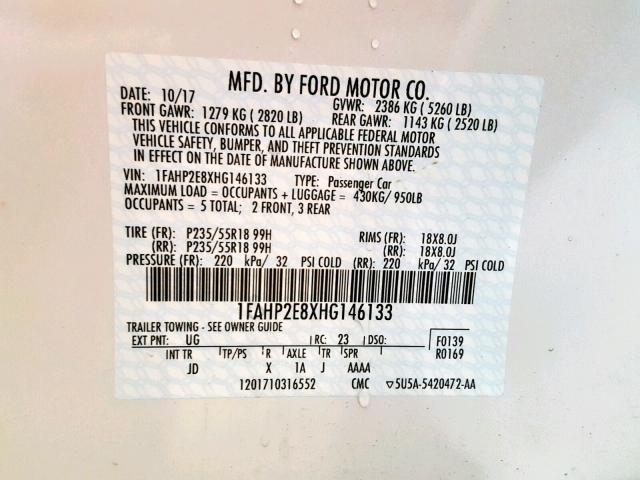 1FAHP2E8XHG146133 - 2017 FORD TAURUS SEL WHITE photo 10