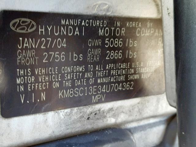 KM8SC13E34U704362 - 2004 HYUNDAI SANTA FE G SILVER photo 10