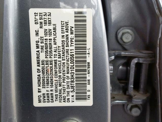 5J8TB3H31DL005611 - 2013 ACURA RDX BASE GRAY photo 10