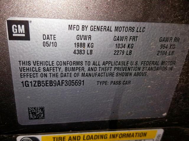 1G1ZB5EB9AF305691 - 2010 CHEVROLET MALIBU LS 灰色 照片 10
