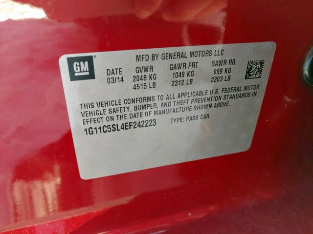 1G11C5SL4EF242223 - 2014 CHEVROLET MALIBU 1LT RED photo 10