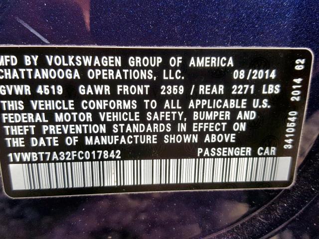 1VWBT7A32FC017842 - 2015 VOLKSWAGEN PASSAT SE BLUE photo 10