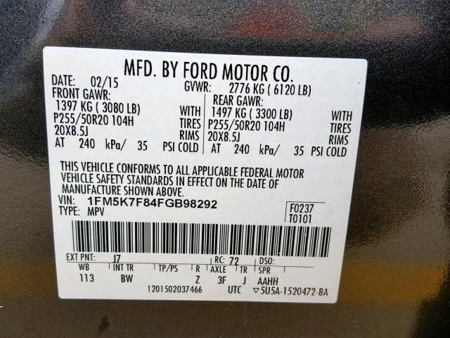 1FM5K7F84FGB98292 - 2015 FORD EXPLORER L CHARCOAL photo 10