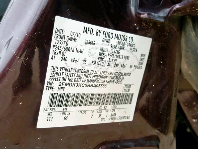 2FMDK3KC0BBA05586 - 2011 FORD EDGE LIMIT MAROON photo 10