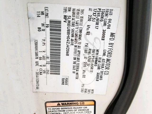 5LMEU88H04ZJ42068 - 2004 LINCOLN AVIATOR 白色 照片 10