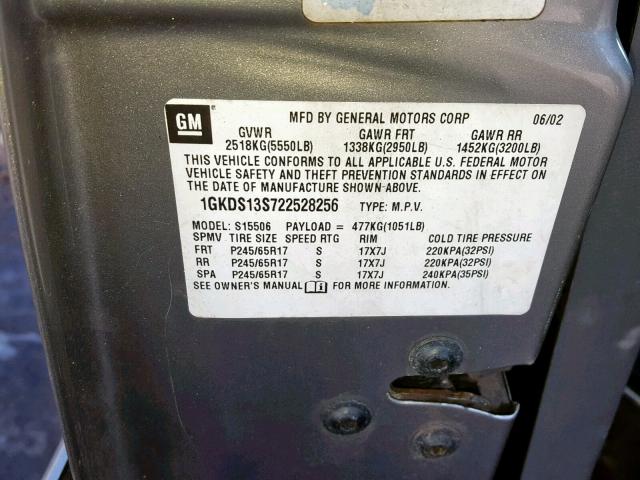 1GKDT13SX22111467 - 2002 GMC ENVOY GRAY photo 10