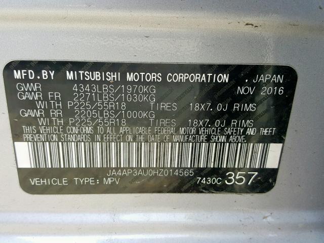 JA4AP3AU0HZ014565 - 2017 MITSUBISHI OUTLANDER SILVER photo 10