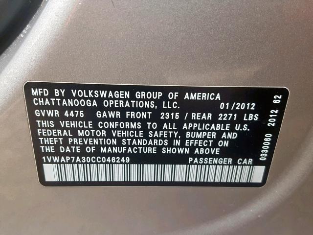 1VWAP7A30CC046249 - 2012 VOLKSWAGEN PASSAT S SILVER photo 10