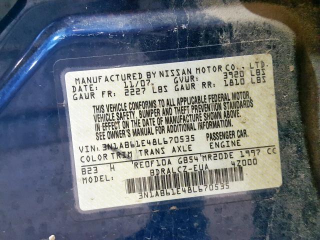 3N1AB61E48L670535 - 2008 NISSAN SENTRA 2.0 BLUE photo 10