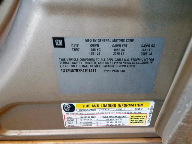 1G1ZG57B284191411 - 2008 CHEVROLET MALIBU LS 米色 照片 10