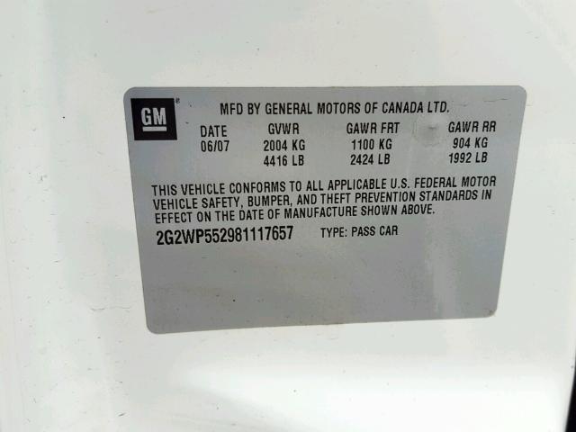 2G2WP552981117657 - 2008 PONTIAC GRAND PRIX WHITE photo 10