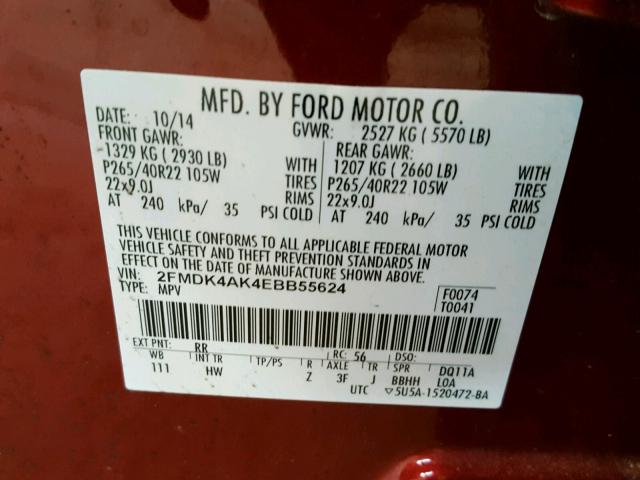 2FMDK4AK4EBB55624 - 2014 FORD EDGE SPORT RED photo 10