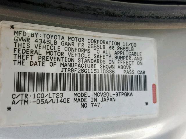 JT8BF28G115110336 - 2001 LEXUS ES 300 SILVER photo 10