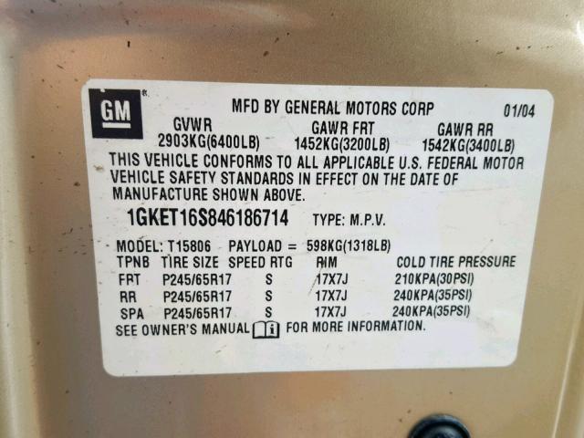 1GKET16S846186714 - 2004 GMC ENVOY XL GOLD photo 10