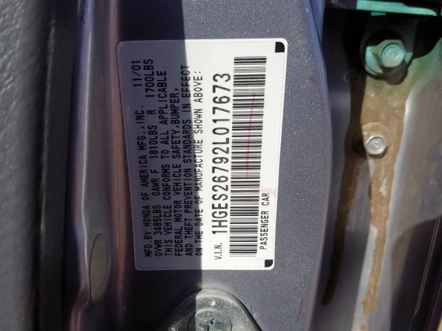 1HGES26792L017673 - 2002 HONDA CIVIC EX SILVER photo 10