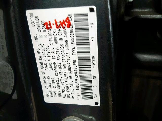 1HGCP268X9A126750 - 2009 HONDA ACCORD EXL GRAY photo 10