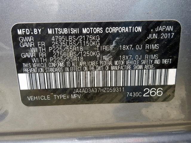 JA4AD3A37HZ059311 - 2017 MITSUBISHI OUTLANDER SILVER photo 10