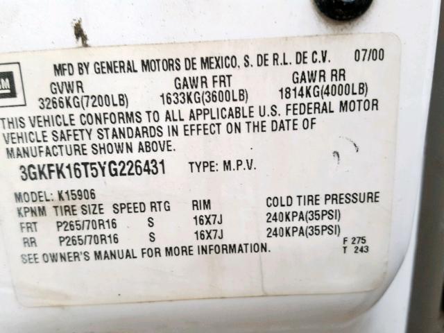 3GKFK16T5YG226431 - 2000 GMC YUKON XL K WHITE photo 10