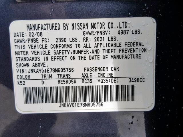 JNKAY01E78M605756 - 2008 INFINITI M35 BASE CHARCOAL photo 10