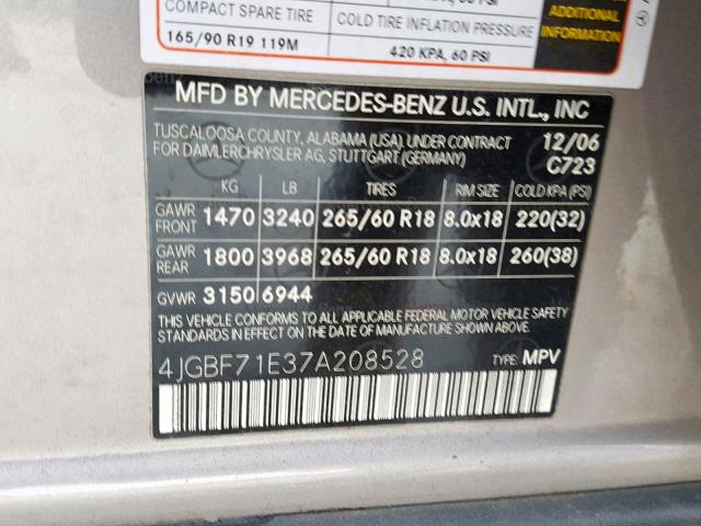 4JGBF71E37A208528 - 2007 MERCEDES-BENZ GL 450 4MA SILVER photo 10