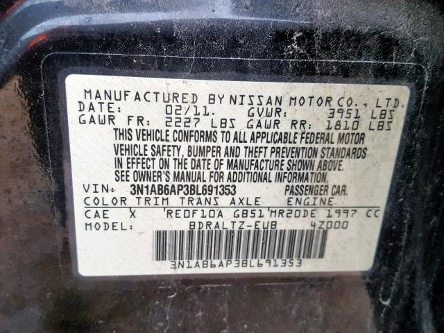 3N1AB6AP3BL691353 - 2011 NISSAN SENTRA 2.0 BLACK photo 10