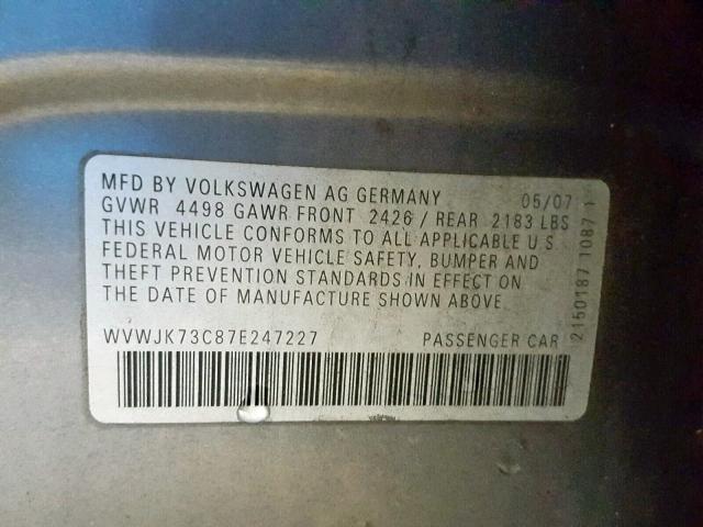 WVWJK73C87E247227 - 2007 VOLKSWAGEN PASSAT GRAY photo 10