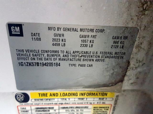 1G1ZK57B194205184 - 2009 CHEVROLET MALIBU LTZ  ფოტო 10