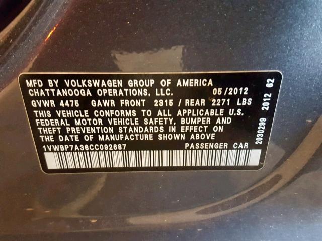 1VWBP7A36CC092687 - 2012 VOLKSWAGEN PASSAT SE GRAY photo 10