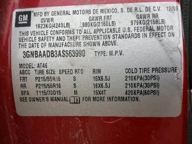 3GNBAADB3AS563990 - 2010 CHEVROLET HHR LS Rojo foto 10