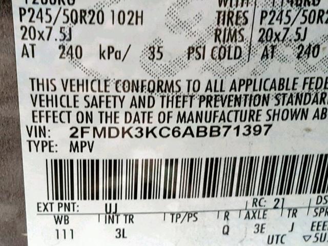 2FMDK3KC6ABB71397 - 2010 FORD EDGE LIMIT GRAY photo 10