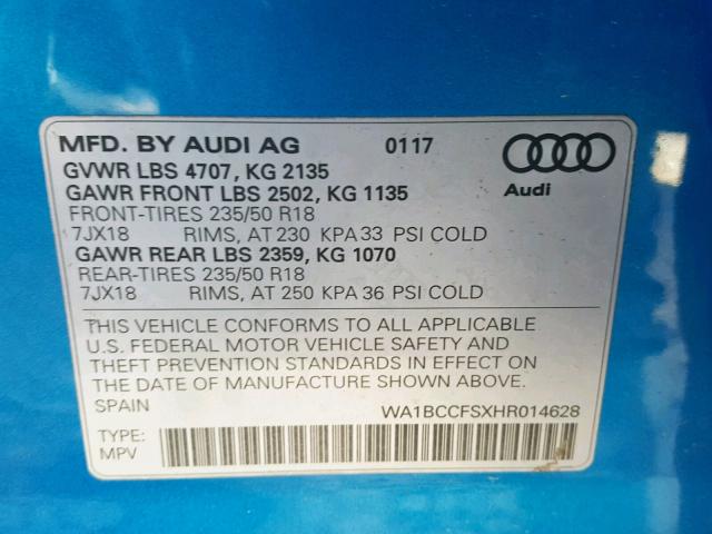 WA1BCCFSXHR014628 - 2017 AUDI Q3 PREMIUM BLUE photo 10