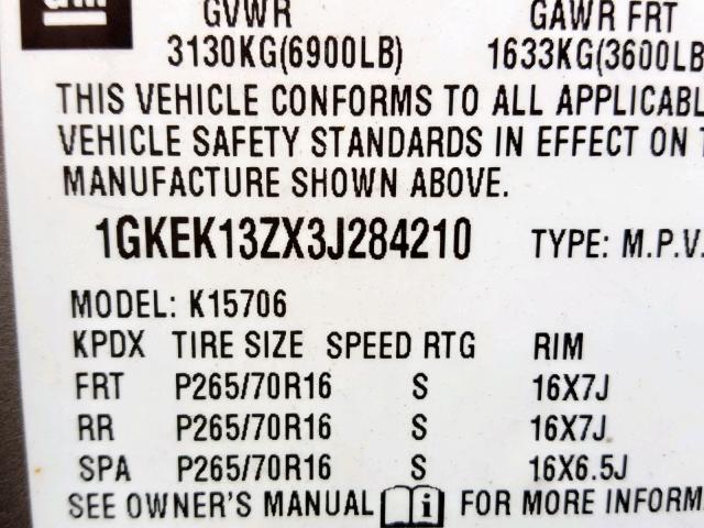 1GKEK13ZX3J284210 - 2003 GMC YUKON SILVER photo 10