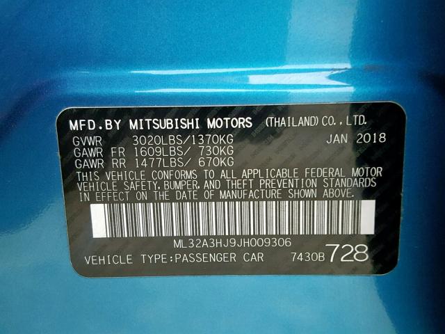 ML32A3HJ9JH009306 - 2018 MITSUBISHI MIRAGE ES BLUE photo 10