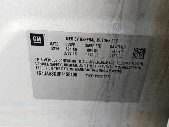 1G1JA5SG8F4159108 - 2015 CHEVROLET SONIC LS 银色 照片 10