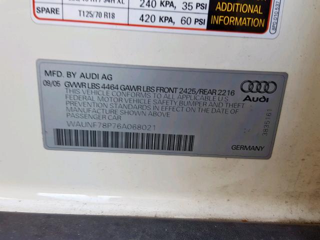 WAUNF78P76A068021 - 2006 AUDI A3 2.0 PRE WHITE photo 10