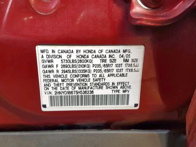 2HNYD18675H536236 - 2005 ACURA MDX TOURIN RED photo 10