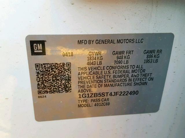 1G1ZB5ST4JF222490 - 2018 CHEVROLET MALIBU LS WHITE photo 10