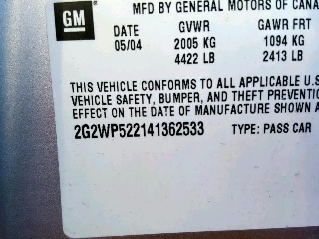 2G2WP522141362533 - 2004 PONTIAC GRAND PRIX SILVER photo 10