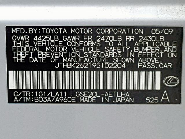 JTHBK262195102204 - 2009 LEXUS IS 250 SILVER photo 10